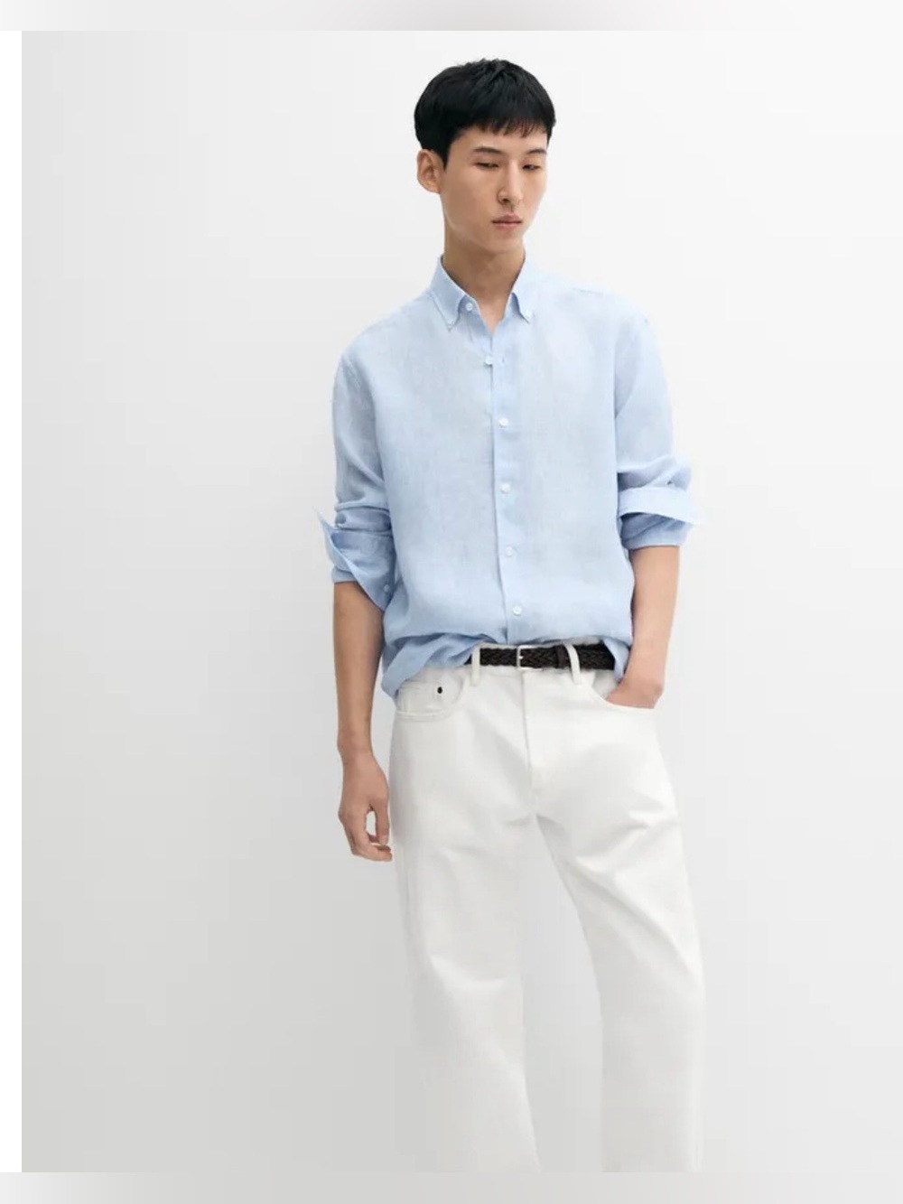 Zara Pale Blue Casual Button-Down Linen Shirt